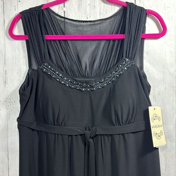 Sangria Black Sleeveless Sheer Babydoll Tie Front Embellished Stretch Midi Dress - Picture 6 of 16